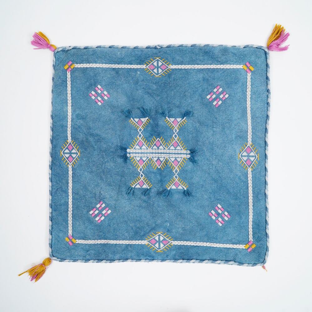Moroccan Embroidered Pillow Cover 20x20 Blue Cotton Fringe Tassel Cushion Cover